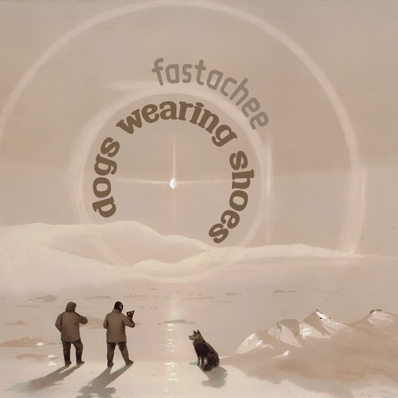 Two men and a dog on a glacial shore.  Edward L. Moss, 1875.