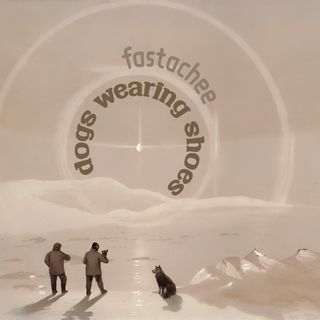 Two men and a dog on a glacial shore.  Edward L. Moss, 1875.