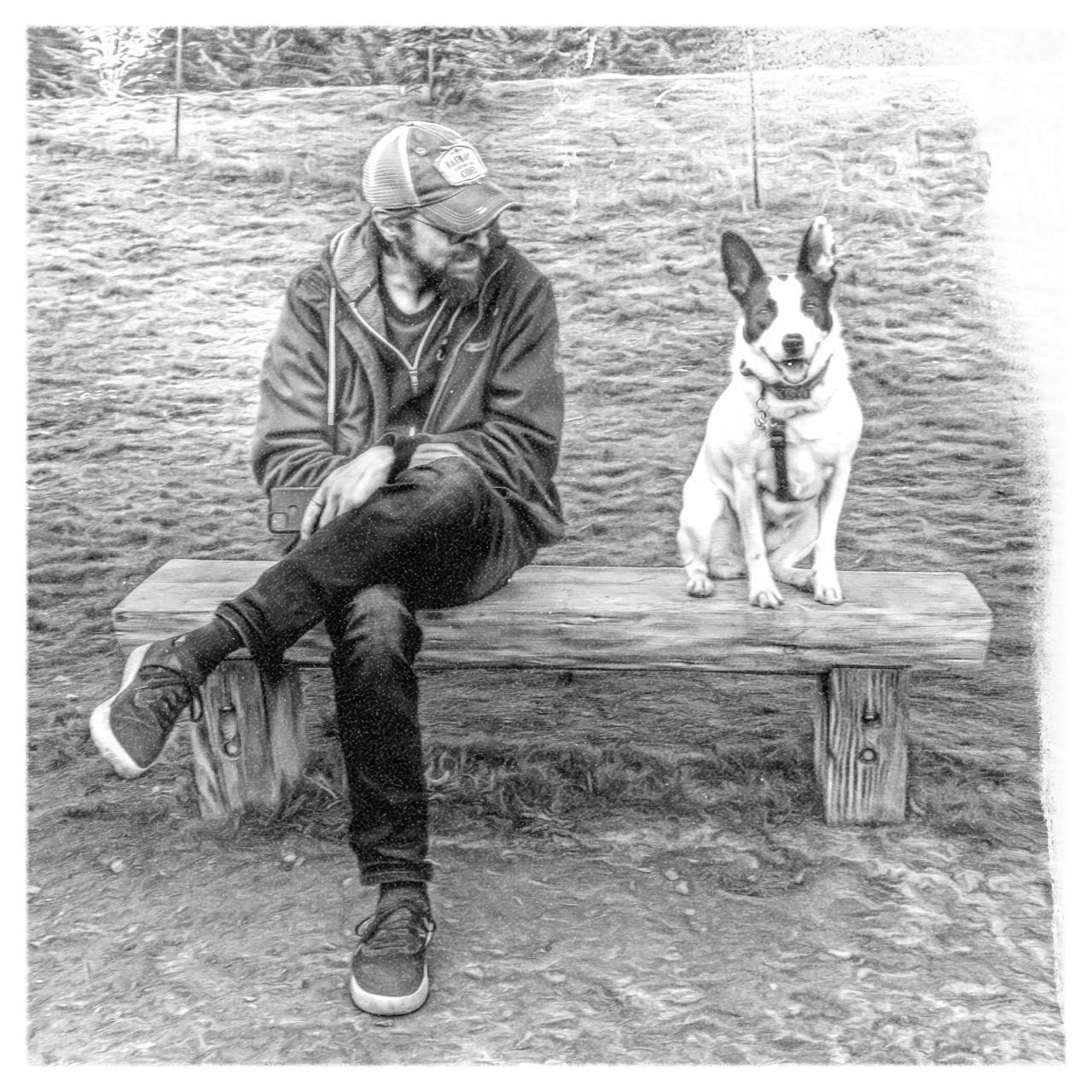 a man and a dog sharing space on a bench