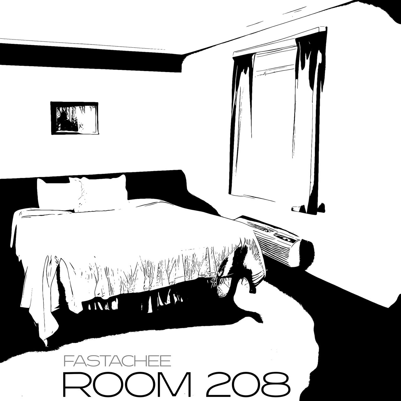 graphic black and white line art of hotel room