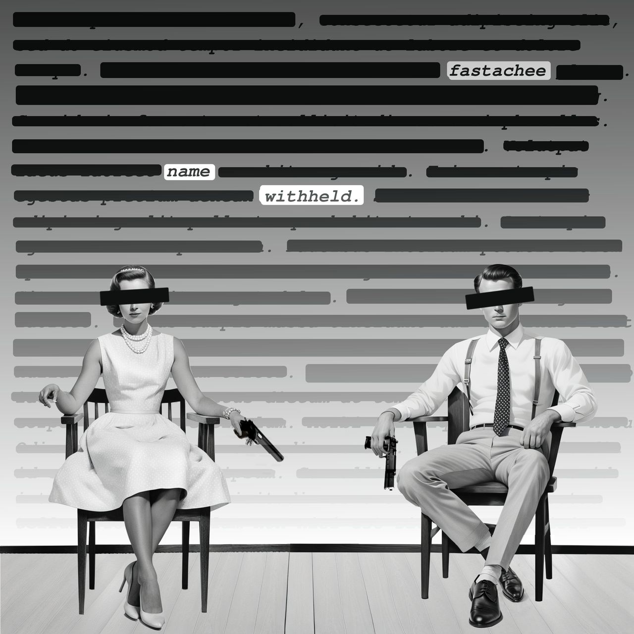 1950s couple, censored eyes, holding handguns with redacted text behind them